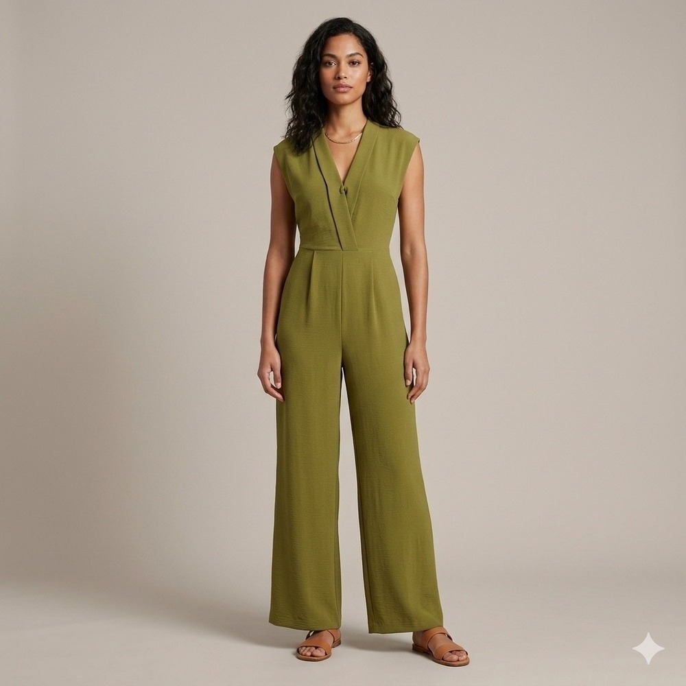 New Nine West Jumpsuit Womens S Green Sleeveless Wide Leg V-Neck Quiet Luxury